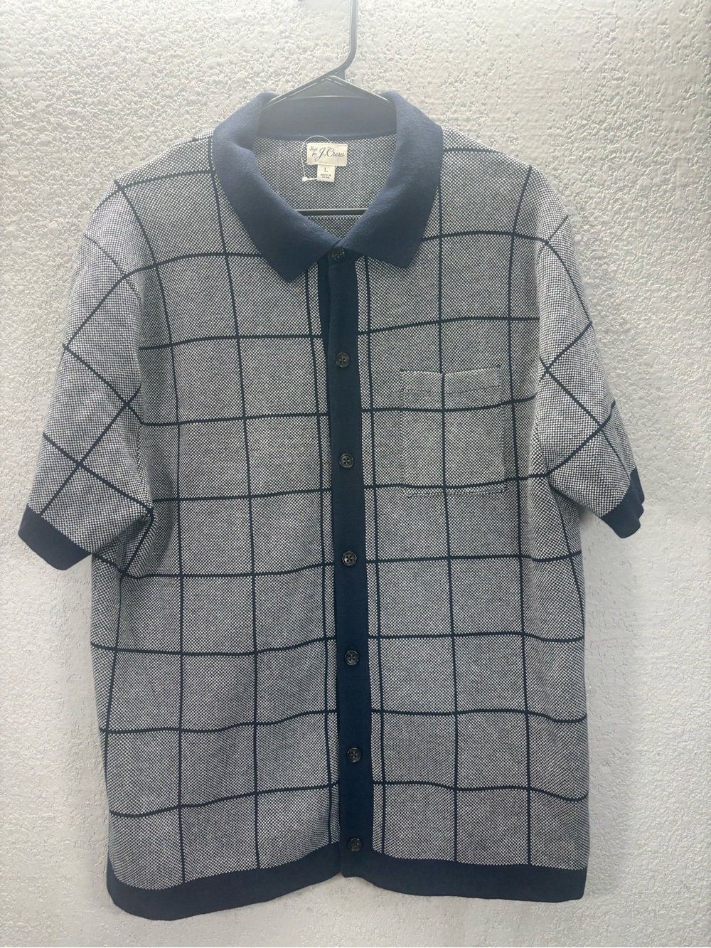 J. Crew Navy and Light Gray Windowpane Knit Polo Cardigan